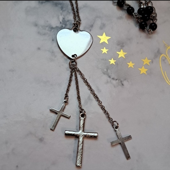 Silver Heart Cross Necklace With Black Beads - Picture 8 of 8